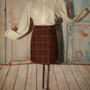 MGM plaid lined zipper wool texture skirt w snap grommet/size M/brown cream